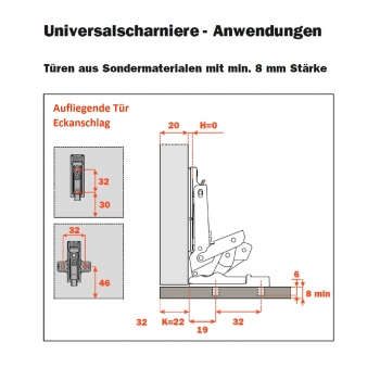 Salice Universalscharnier für dünne Türen ab 8 mm Stärke mit Dämpfung 110° Nickel matt