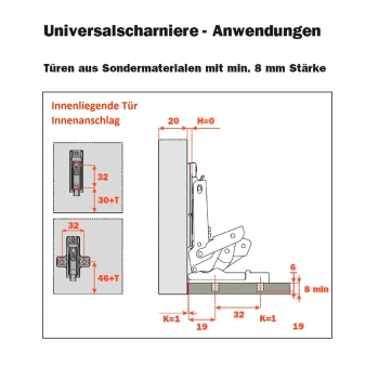 Salice Universalscharnier für dünne Türen ab 8 mm Stärke mit Dämpfung 110° Nickel matt