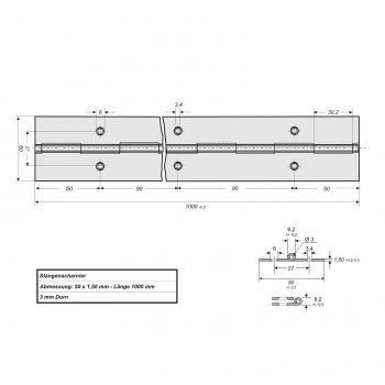 Stangenscharniere 1000 mm Edelstahl matt – verschiedene Ausführungen