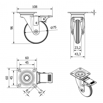 Design Möbelrolle LINDAU Ø 50 - 75 mm belastbar bis 35 Kg
