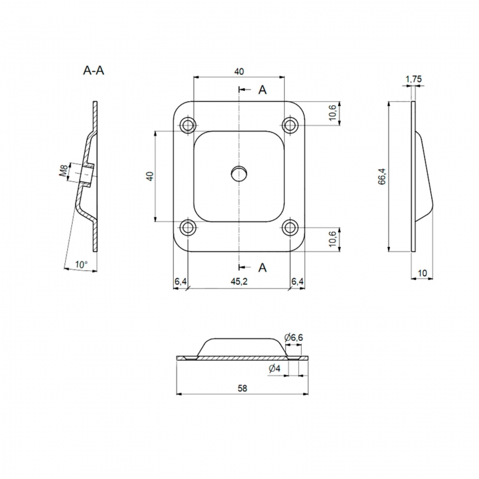 4 Stück Montageplatten 10° Neigung für Möbelfüße mit M8 Gewinde
