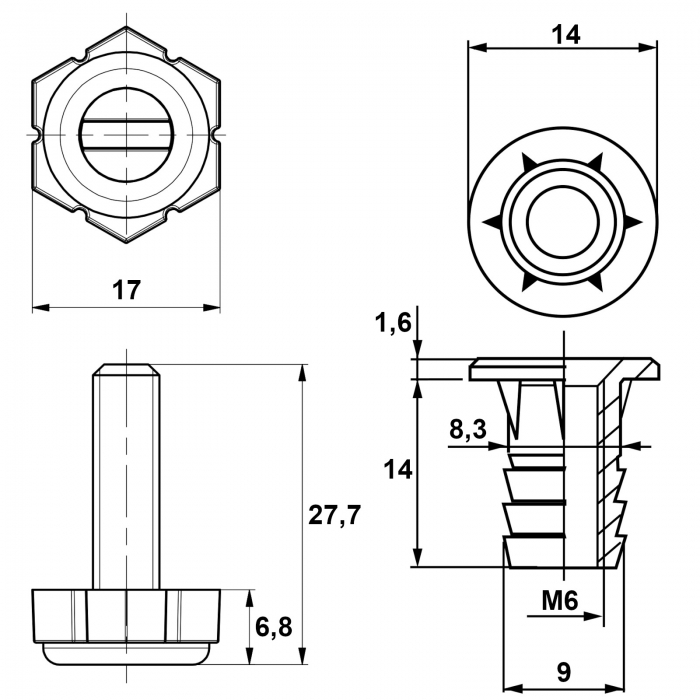 10er Set Verstellfüße M6 x 20,9 mm (Gesamtlänge 27,7 mm) mit Einschlagmuttern