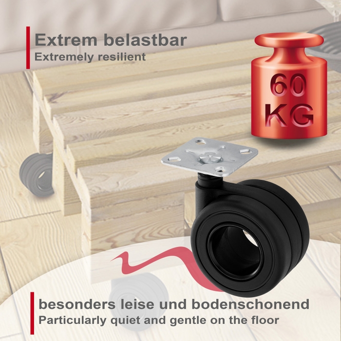 Design Doppel-Möbelrolle KÖLN Ø 65 mm belastbar bis 60 Kg