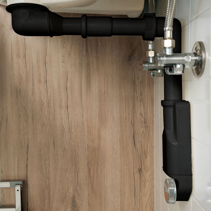 Raumspar-Siphon mit Revisionsöffnung, 32 - 40 mm, schwarz, Ablaufgarnitur für Küche und Bad