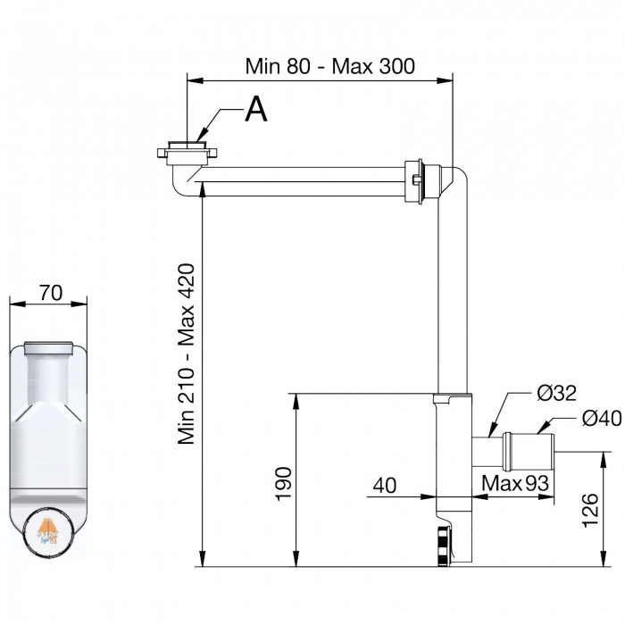 Raumspar-Siphon mit Revisionsöffnung, 32 - 40 mm, schwarz, Ablaufgarnitur für Küche und Bad