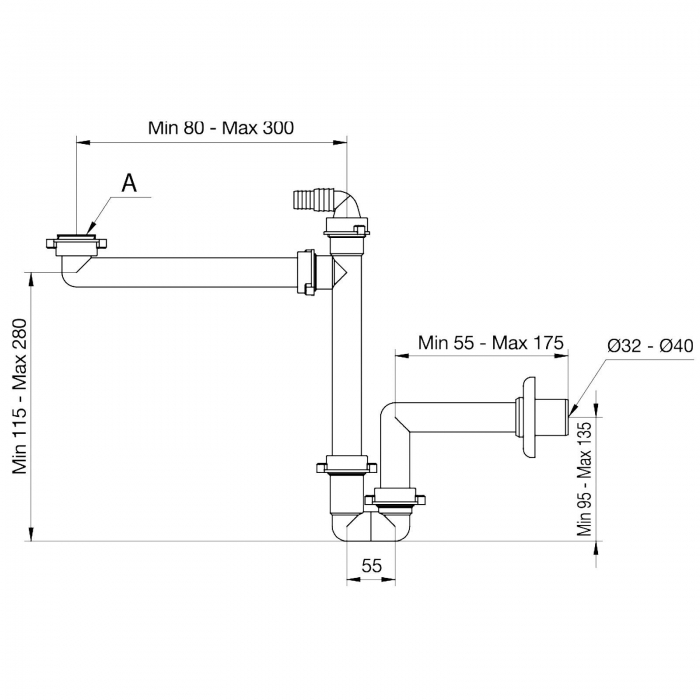 Raumspar-Siphon mit Geräteanschluss, 32 - 40 mm, weiß, Ablaufgarnitur für Küche und Bad