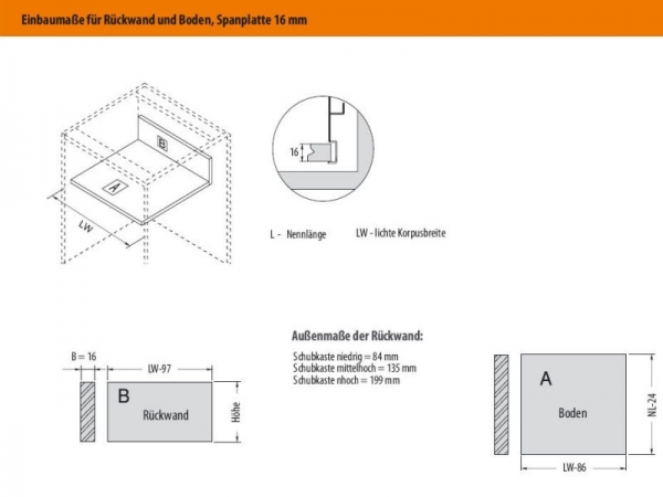 Modern Box Schubladensystem Grau Mittelhoch (135 mm) 250 - 550