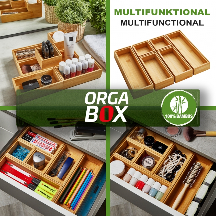 ORGA-BOX BAMBUS Schubladen Ordnungssystem stapelbar, 6 oder 12 teiliges Set, geölt
