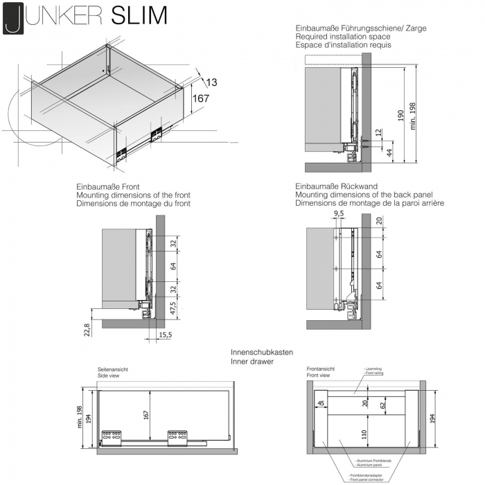 Schubladensystem JUNKER SLIM Push to Open weiß H: 167 mm, bis 35 Kg belastbar