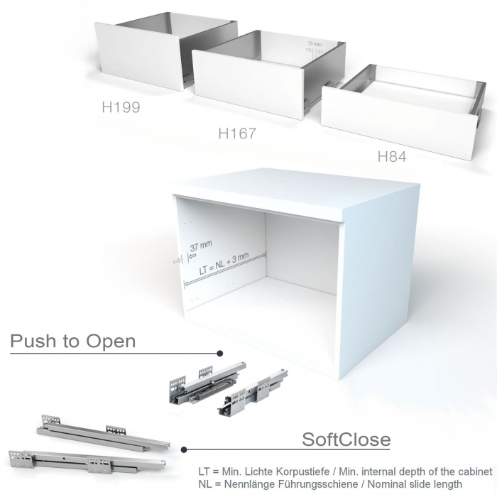 Schubladensystem JUNKER SLIM Push to Open anthrazit H: 199 mm, bis 35 Kg belastbar