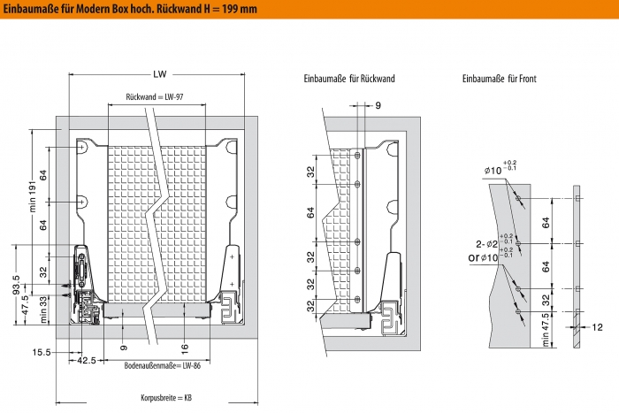 Modern Box Schubladensystem grau hoch (199 mm) 350 - 550