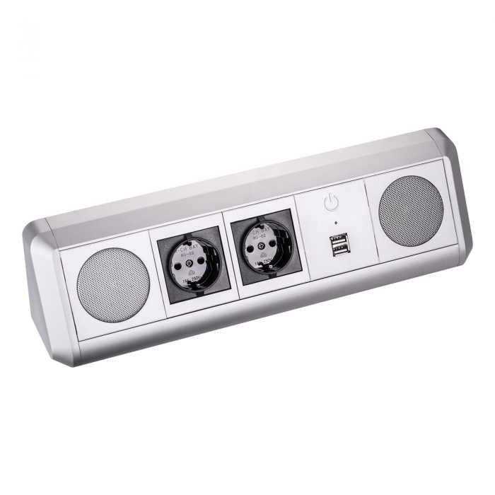 Bluetooth Soundbox TOBO mit Schuko Doppelsteckdose und zwei USB-Ports